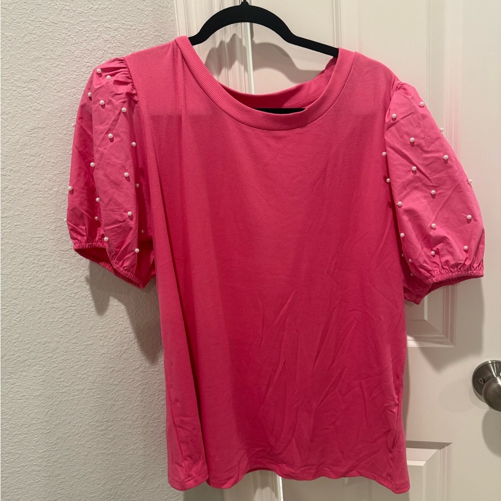 Pink Puff Sleeve Top with pearls
